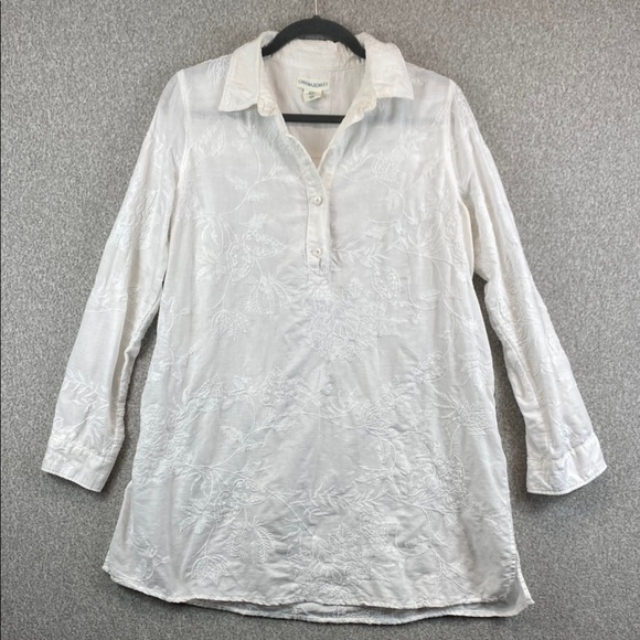 Cynthia Rowley shirt dress midi tunic M linen white embroidered beach minimalist - Picture 1 of 11